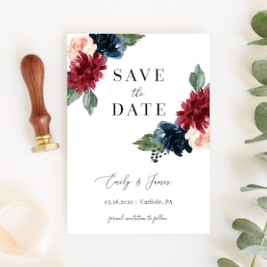 Mara - Modello salva-data floreale bordeaux, eleganti biglietti salva-data, annuncio di matrimonio, testo modificabile al 100%, download digitale