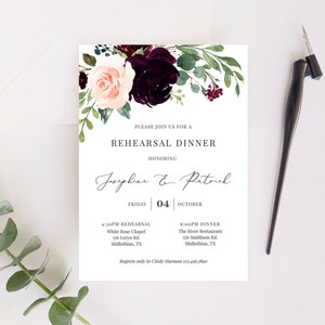 Bethany - Floral Rehearsal Dinner Invitation, Elegant Burgundy Rehearsal Dinner Invite, Editable Invitation Instant Download