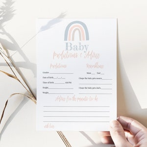 Babyvoorspellingen en advies, regenboog babyshowergames afdrukbaar, boho blauwe en roze regenboog, bewerkbare sjabloon, instant download - blakely