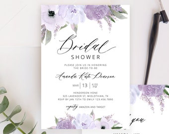 Lavender Bridal Shower Invitation Template, Bridal Shower Invite, Purple Floral, Thank You Card Included Editable Instant Download - Lillian