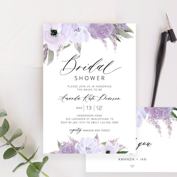 Lavender Bridal Shower Invitation Template, Bridal Shower Invite, Purple Floral, Thank You Card Included Editable Instant Download - Lillian