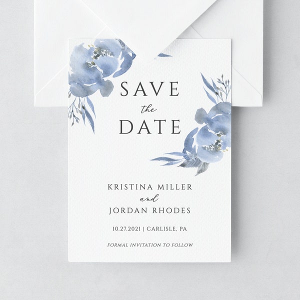 Dusty Blue Save the Date Template, Elegant Floral Save the Date Cards, Wedding Announcement, Editable Instant Download - Alya