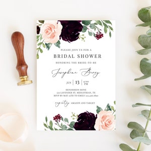 Bethany - Burgundy Bridal Shower Invitation, Blush Floral Bridal Shower Invite, Try Before You Buy, Editable Template, Instant Download