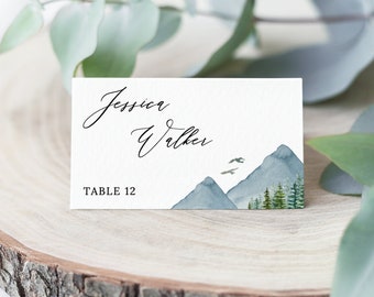 Clara - Mountain Wedding Place Card Template, Rustic Pine Woodland Wedding Name Card, Printable Escort Card, 100% Editable Instant Download