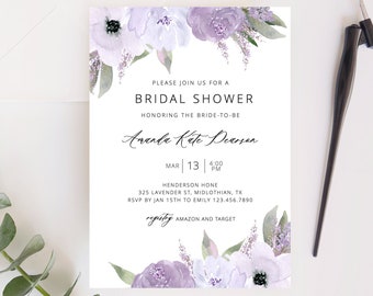 Bridal Shower Invitation Template, Lavender Bridal Shower Invite, Elegant Purple Floral, Editable Instant Download - Lillian