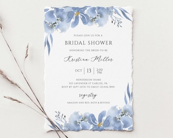 Dusty Blue Bridal Shower Invitation Template, Elegant Blue Floral Bridal Shower Invite, Editable Instant Download - Alya