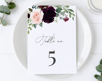 Bethany - Wedding Table Number Template, Burgundy Floral Table Number Card, 5x7 and 4x6, Editable Template, Instant Download