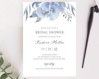Modèle d'Invitation nuptiale de douche, invitation douce bleu poussiéreux de douche nuptiale, floral élégant, téléchargement immédiat - Alya