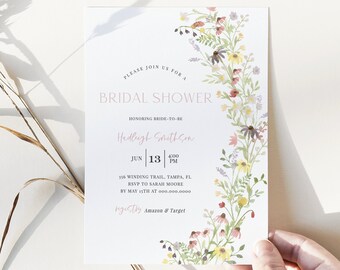 Leana - Wildflower Bridal Shower Invitation Template, Boho Bridal Shower Invite, Spring Garden Floral, Editable Instant Download