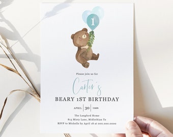 Theodore - Beary First Birthday Invitation Template, Bear Balloons Birthday Invite, Teddy Bear First Birthday, Editable Instant Download