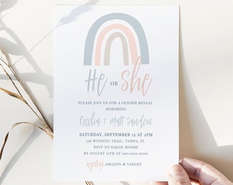 Rainbow He or She Gender Reveal Invitation, Blue and Pink Boho, Rainbow Gender Reveal Invite, Template Instant Download - Blakely