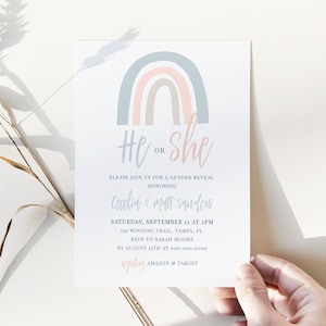 Rainbow He or She Gender Reveal Invitation, Blue and Pink Boho, Rainbow Gender Reveal Invite, Template Instant Download - Blakely