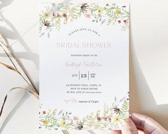 Leana - Boho Wildflower Bridal Shower Invitation Template, Floral Bridal Shower Invite, Spring Garden Shower, Editable Instant Download