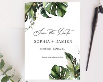 Nalani - Tropical Save the Date Template, Monstera Palm Leaves Save the Date Cards, Beach Wedding Announcement, Editable Instant Download