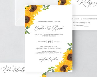 Maybelle - Sunflower Wedding Invitation Template Download, Elegant Wedding Invitation Set, Wedding Suite, 100% Editable, Instant Download