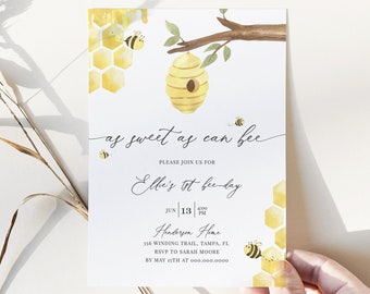 Honey Bee First Birthday Invitation Template, As Sweet Can Bee Birthday Invite, First Bee Day Invitation, Editable Instant Download - Bailee