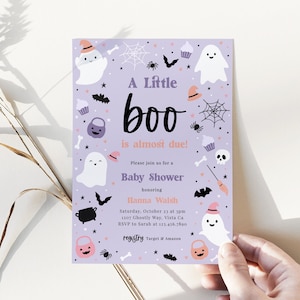 EDITABLE Lavender Spooky Halloween Baby Shower Invitation, Cute Purple Ghost Party, Little Boo is Due Invite, Instant Download - Tootsie