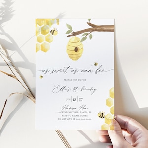 Honey Bee First Birthday Invitation Template, As Sweet Can Bee Birthday Invite, First Bee Day Invitation, Editable Instant Download - Bailee