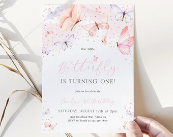 EDITABLE Butterfly Birthday Invitation Template, Pink Butterfly Birthday Invite, Girl First Birthday, Butterfly Party Download - Bella