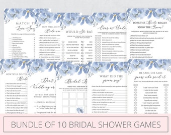 Bridal Shower Games Printable, Bundle of 10, Dusty Blue Floral, Shower Games Bundle, Editable Instant Download - Alya