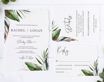 Malie - Beach Wedding Invitation Template Download, Tropical Palm Leaves Wedding Invitation Suite, 100% Editable, Instant Download