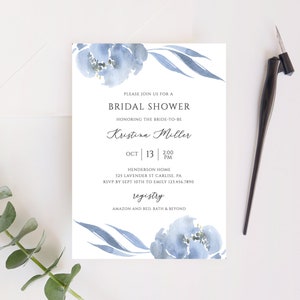 Bridal Shower Invitation Template, Elegant Bridal Shower Invite, Dusty Blue & Gray Floral, Editable Instant Download - Alya