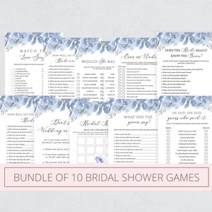 Bridal Shower Games Printable, Bundle of 10, Dusty Blue Floral, Shower Games Bundle, Editable Instant Download - Alya