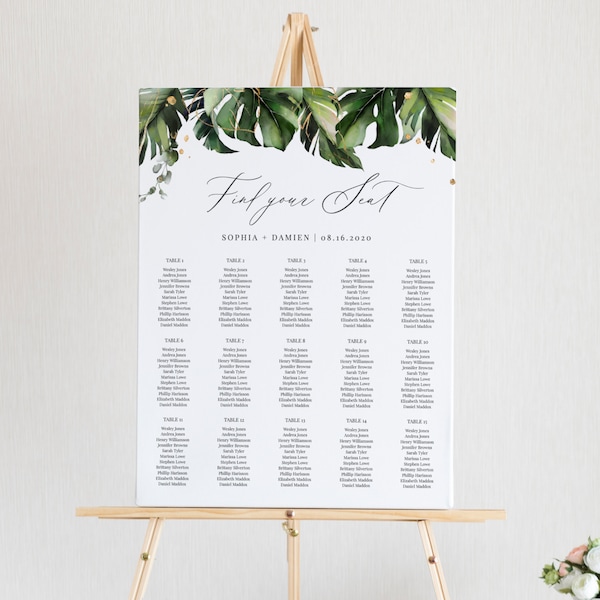 Nalani - Elegant Tropical Seating Chart Template, Monstera Palm Leaves Vertical Seating Chart Poster, Printable Template Instant Download