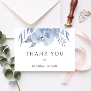 Dusty Blue Blumen Hochzeit Dankeskarten, Druckbare Karten, Personalisierte Dankeskarten, bearbeitbare Sofort Download - Alya