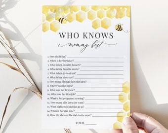 Who Knows Mommy Best, giochi per baby shower Honey Bee stampabili, giochi per bambini a nido d’ape, modello modificabile, download istantaneo - Depositario