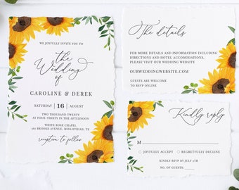 Maybelle - Sunflower Wedding Invitation Template Download, Rustic Wedding Invitation Set, Wedding Suite, 100% Editable, Instant Download