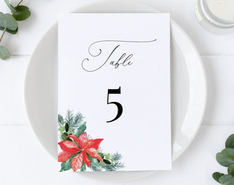 Clarice - Poinsettia Wedding Table Number Template, Christmas Table Number Card, 5x7 and 4x6, Editable Template, Instant Download