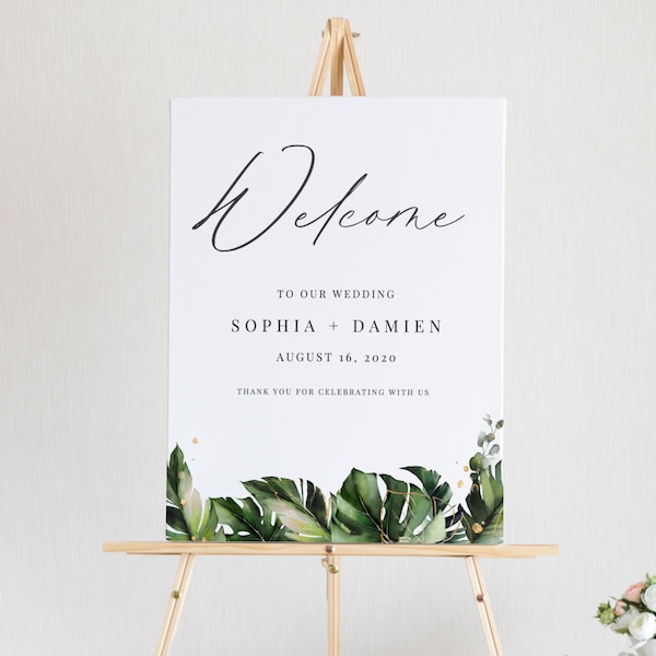 Nalani - Elegant Tropical Wedding Welcome Sign, Welcome to our Wedding Sign, Monstera Palm Leaves, Printable Instant Download