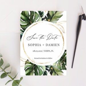 Nalani - Tropical Save the Date Template, Monstera Palm Leaves Save the Date Cards, Wedding Announcement, Editable Instant Download
