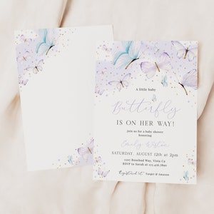 Scarica modello MODIFICABILE di invito per la festa di nascita di una farfalla, invito a una festa prenascita con farfalla viola, festa prenatale per ragazza, farfalla viola - Marli