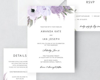 Lavender Wedding Invitation Template Download, Wedding Invitation Set, Purple Floral Wedding Suite, Editable Instant Download - Lillian