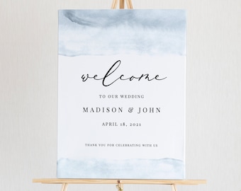 Cece - Watercolor Wedding Welcome Sign, Welcome to our Wedding Sign, Elegant Modern Dusty Blue, Printable Poster, Editable Instant Download