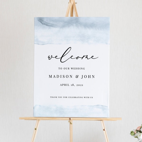 Cece - Watercolor Wedding Welcome Sign, Welcome to our Wedding Sign, Elegant Modern Dusty Blue, Printable Poster, Editable Instant Download