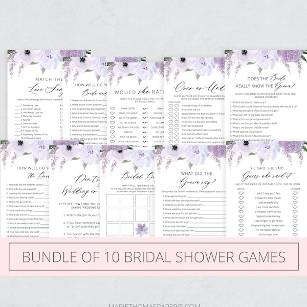 Bridal Shower Games Printable, Bundle of 10, Lavender Purple Floral, Shower Games Bundle, Editable Instant Download - Lillian