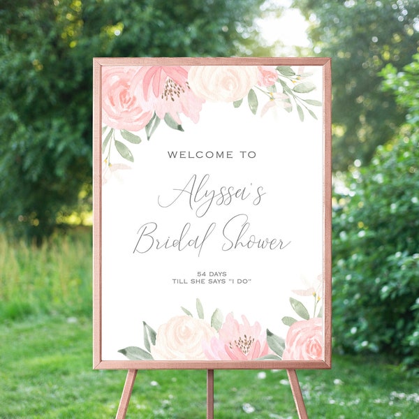 Alena - Pink Floral Bridal Shower Welcome Sign, Bridal Shower Welcome Poster, Elegant Blush Pink, Printable Instant Download