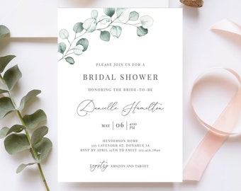 Eucalyptus Bridal Shower Invitation Template, Elegant Greenery Bridal Shower Invite, Simple Modern Boho, Editable Instant Download - Aria