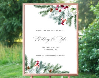 Noella - Winter Wedding Welcome Sign, Welcome to our Wedding Sign, Christmas Pine and Berries, Printable Template Instant Download