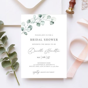 Eucalyptus Bridal Shower Invitation Template, Elegant Greenery Bridal Shower Invite, Simple Modern Boho, Editable Instant Download - Aria