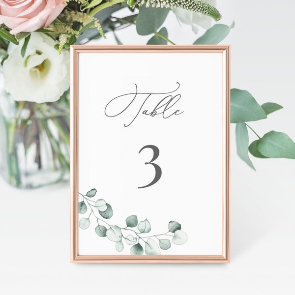 Eucalyptus Wedding Table Number Template, Elegant Greenery Table Number Card, 5x7 and 4x6, Editable Template, Instant Download - Aria