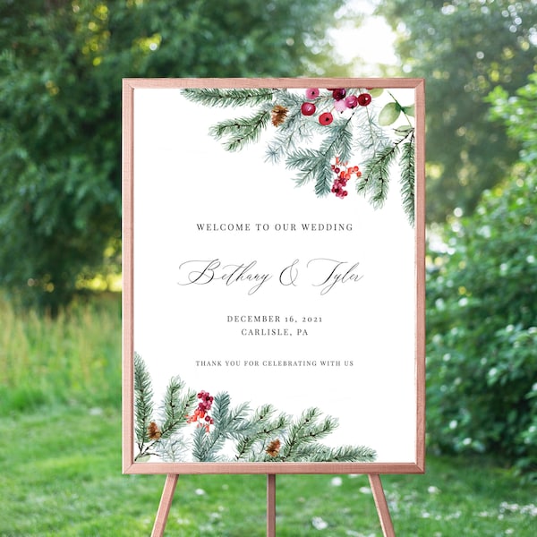 Noella - Winter Wedding Welcome Sign, Welcome to our Wedding Sign, Christmas Pine and Berries, Printable Template Instant Download