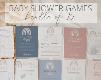 Blakely - Rainbow Baby Shower Games Printable, Bundle of 10, Boho Pink and Blue, Baby Girl Shower Games Bundle, Editable Instant Download