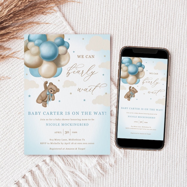 Editable Bear Baby Shower Invitation Template, Brown Bear Balloon Invitation, Boy Bearly Wait Baby Shower Invite, Instant Download - Blue