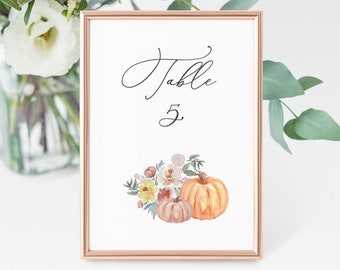 Penelope - Wedding Table Number Template, Pumpkin Greenery Table Number Card, 5x7 and 4x6, Editable Template, Instant Download