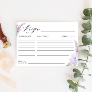 Modèle de carte de recette lavande, insert de carte de recette de douche nuptiale floral violet, carte de recette imprimable, téléchargement immédiat - Lillian