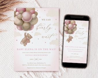 Modelo de convite para chá de bebê com urso editável, convite com balão de urso rosa, convite para chá de bebê com ursinho, download instantâneo - Rosie